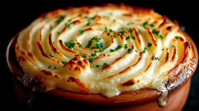 Delicious shepherds pie with mashed potatoes close up culinary photography