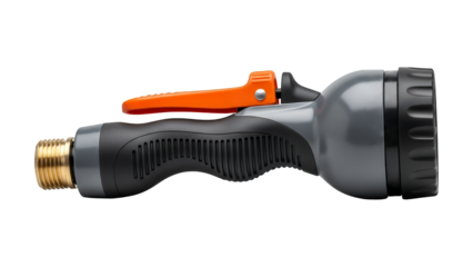 Black hose nozzle with orange trigger isolated on transparent background