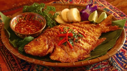 Golden fried fish dish with garnishes on a rustic wooden platter