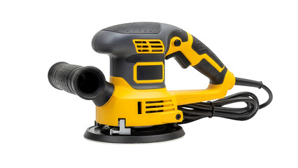 Fototapeta premium Sander machine isolated on transparent background, showcasing its yellow and black body with a black cord attached, in a product photography style.