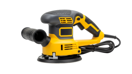 Sander machine isolated on transparent background, showcasing its yellow and black body with a black cord attached, in a product photography style.