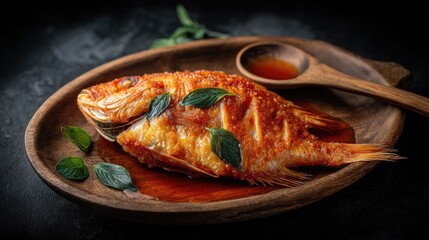 Delicious fried fish served on wooden plate with sauce and herbs