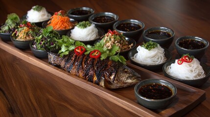 Grilled fish platter with various side dishes arranged on a wooden serving board