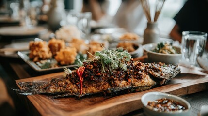 Deliciously prepared fish dish on wooden board in restaurant setting