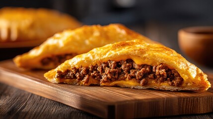 Close up of golden brown pastry filled with savory meat on wooden board