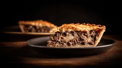 Close up of savory meat pie slice on plate against dark background