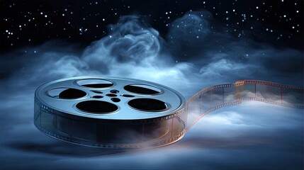 Film reel with smoke and stars representing cinema and entertainment