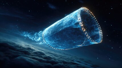 Abstract futuristic ring structure floating above clouds against starry backdrop