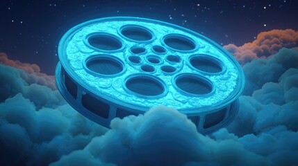 Glowing film reel floating in clouds artistic illustration concept
