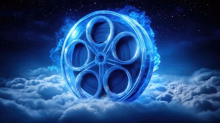 Abstract movie reel icon floating in cloudscape with dramatic lighting