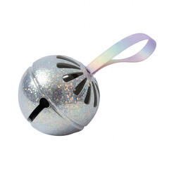 Iridescent jingle bell with rainbow strap on transparent background black background shiny sparkly
