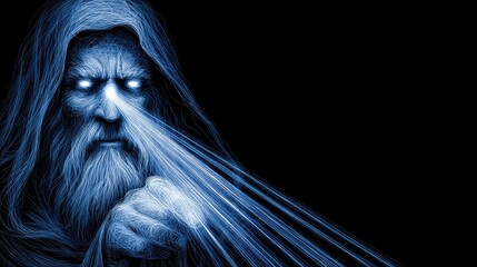 Mysterious figure with glowing eyes and energy beams against dark background