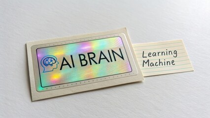AI Brain Concept Card with Holographic Effect and Learning Machine Note for Technology and Education Imagery