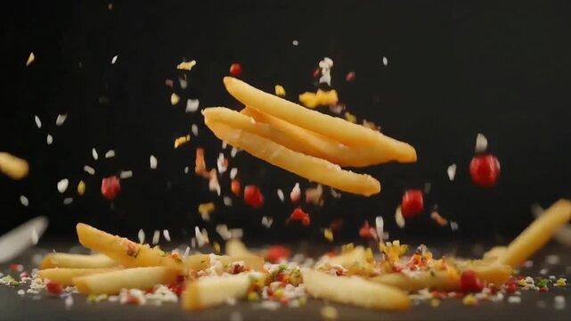 Fries flipping in air with scattered toppings arranged in a neat separation pattern.