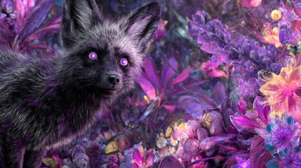 Fantasy artwork of a dark fox in a colorful floral environment