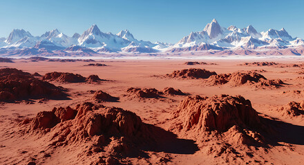 Naklejka premium Red Martian landscape with snow capped mountains and dusty plains mars planet