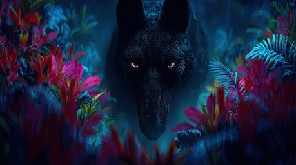 Mysterious black wolf in lush botanical environment nighttime scene