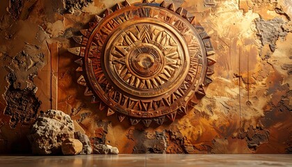 Obraz premium Intricate tribal art composition on textured earth-toned surface, bold geometric motifs, natural pigments, balanced symmetry, soft directional lighting, 