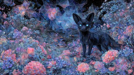 Mystical fox in vibrant floral landscape illustration digital art concept