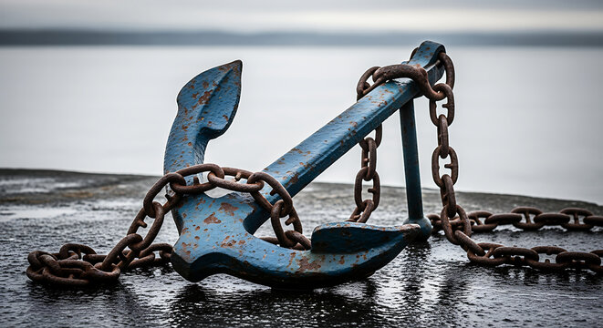 Rusty chain on weathered blue anchor by water