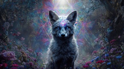 Mystical fox in dreamlike forest setting with geometric patterns