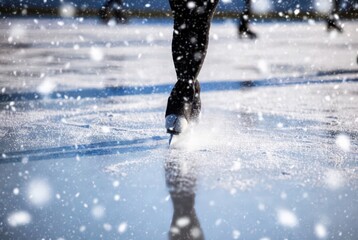 Ice skater gliding on frozen lake in snowfall