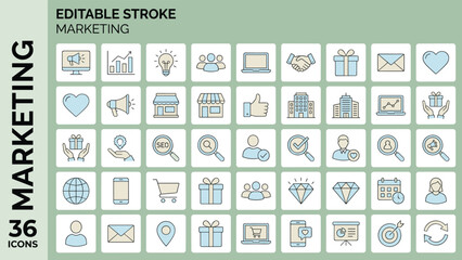 Marketing editable stroke icon set, digital promotion symbols, SEO analytics, branding strategy, online advertising, customer engagement, business growth, modern marketing design