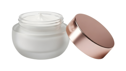 Cosmetic cream jar with lid beside it, clean white background, realistic texture, soft light, beauty advertising style