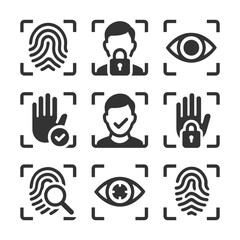 Biometric security icons: fingerprint, face id, eye scan illustrations in black and white.
