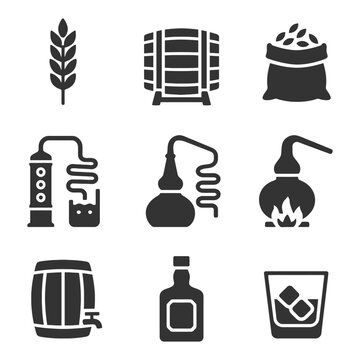 Distillery icons: equipment for brewing and alcohol production.