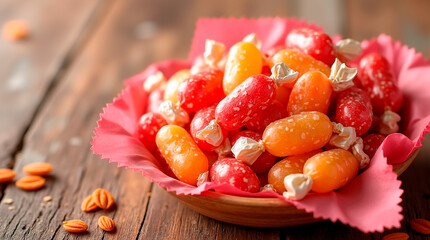 Close-up of a basket with individually wrapped fruit candies