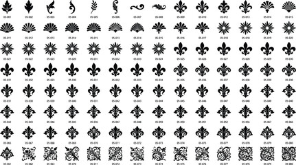 Vintage ornamental fleur de lis symbols set, decorative floral elements collection, classic black vector icons for design, patterns, branding © SREE