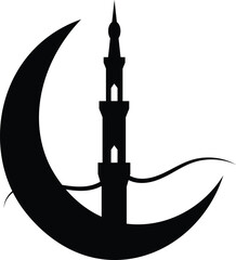 Black silhouette of a mosque tower with a crescent moon Vector illustration © Alif