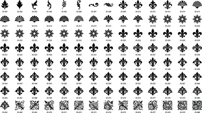 Vintage ornamental fleur de lis symbols set, decorative floral elements collection, classic black vector icons for design, patterns, branding