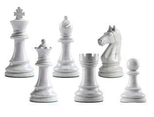 White marble chess pieces set isolated on gray background