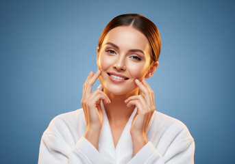 Natural Beauty Woman Touching Face with Perfect Skin