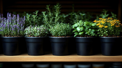 Herb Garden Variety: Lavender, Thyme, Basil, and Yellow Flowers