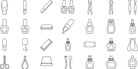 Manicure and nail care outline icon vector set with polish bottles, clippers, files, scissors, and beauty tools for salon, cosmetic, and hygiene design