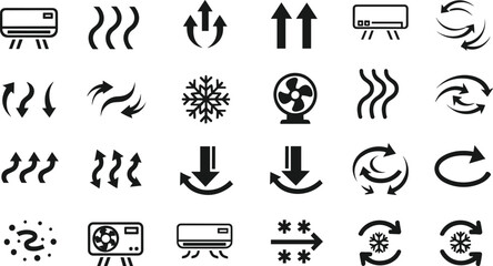 Air conditioning and ventilation icon vector set with heating, cooling, airflow, temperature control, and climate system symbols for HVAC, home, and industrial design