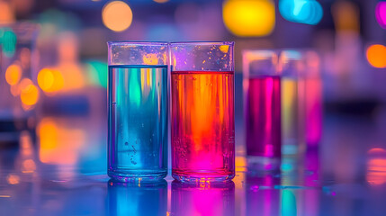 Vibrant Liquids in Glassware with Bokeh Lights and Reflective Su