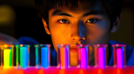 Close-up of a Young Scientist Examining Colorful Test Tubes