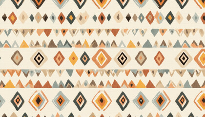 Woven tribal pattern with diamond shapes in warm earthy tones, featuring repetitive geometric design in orange, beige, brown, and blue hues creating cozy ethnic style