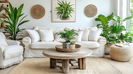 Bright Living Room with White Sofa, Round Wooden Table, and Lush