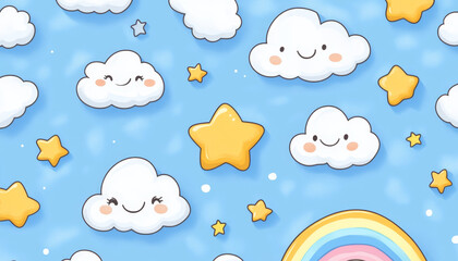 Smiling clouds and yellow stars pattern with colorful rainbow on bright blue background, creating cheerful and playful seamless design for kids