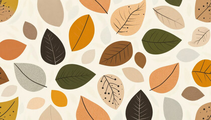 Seamless pattern with earthy tones featuring abstract leaves in various shapes and warm colors creating natural and calming autumn inspired design
