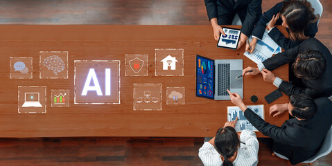 A dynamic business environment showcases a team utilizing artificial intelligence tools for analysis and strategic planning, emphasizing collaboration and innovation. Trope