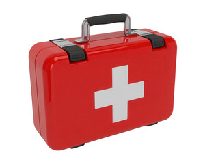 Obraz premium A red first aid kit with a white cross symbol on a black background in 3 D transparent background