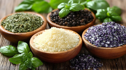 Assortment of Spices and Herbs in Wooden Bowls with Fresh Basil
