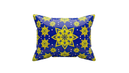 3D Blue and yellow decorative star pattern cushion on transparent background