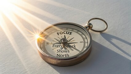 Vintage compass with motivational quote about focus and direction illuminated by sun rays on a white background